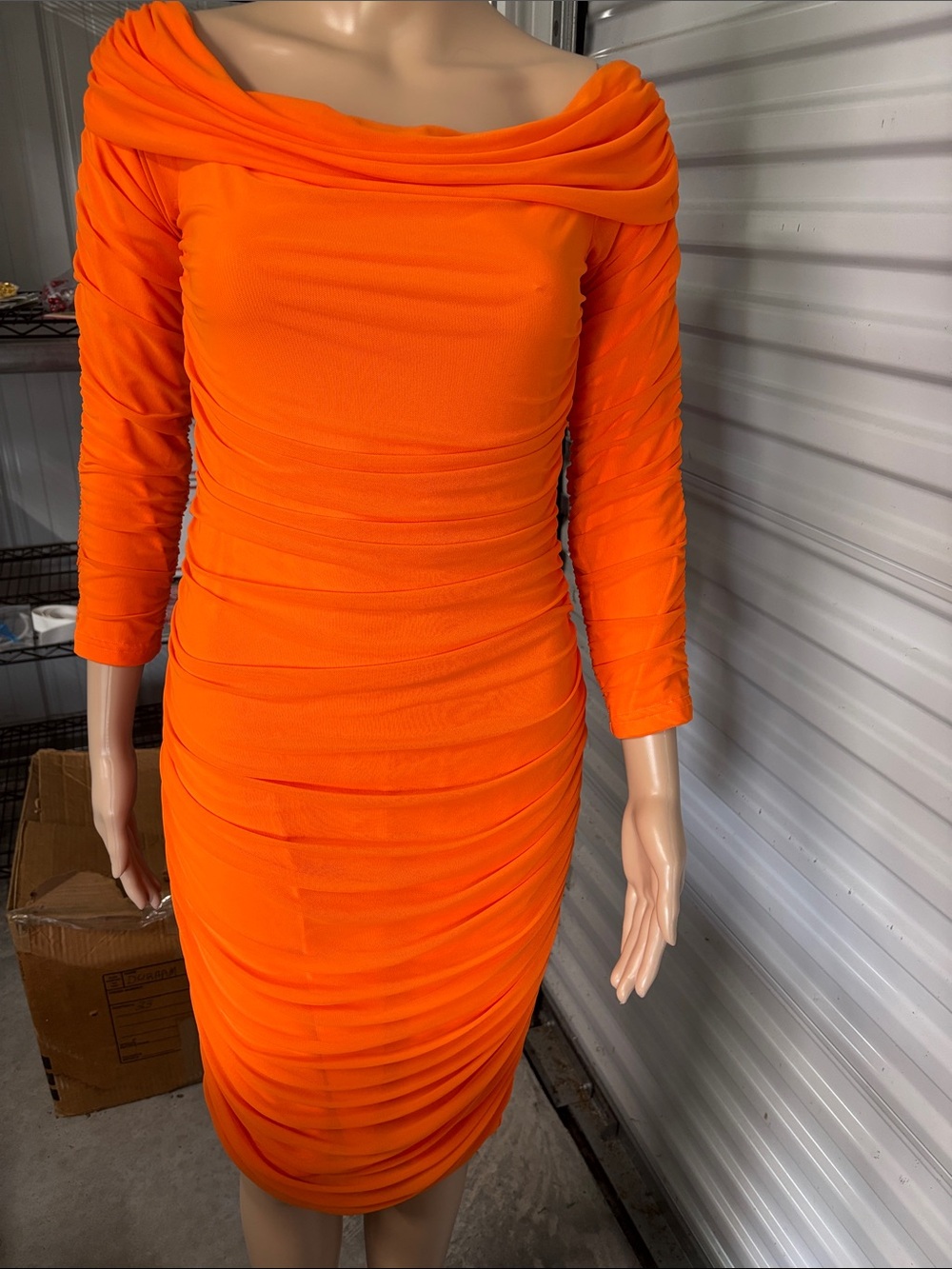Orange Ruched Cowl Neck Women's Dress